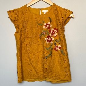 Pink embroidered yellow flutter sleeve lace top